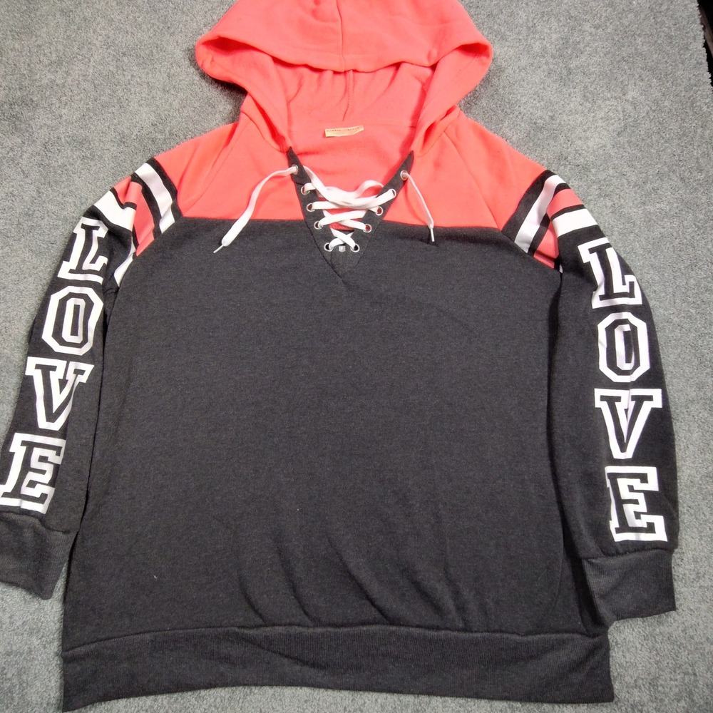 Bobbie Brooks Womens 2X Hoodie Fleece Lace Up LOVE Graphic Gray Pink Sweatshirt